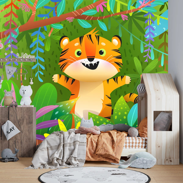 Cute Tiger Wallpaper, Exotic Jungle Mural, Oversized Custom Size Wall Art, Non-Woven, Non-Adhesive, Modern Wall Paper, Removable
