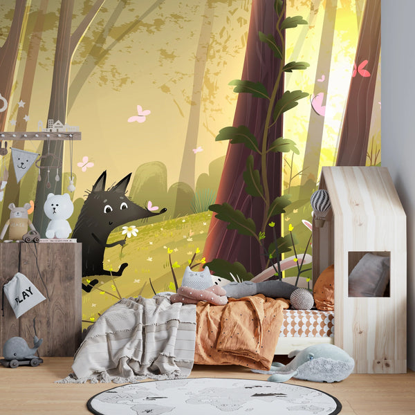 Cute Wild Forest Wallpaper, Wolf and Bunnies Mural, Oversized Custom Size Wall Art, Non-Woven, Non-Adhesive, Modern Wall Paper, Removable
