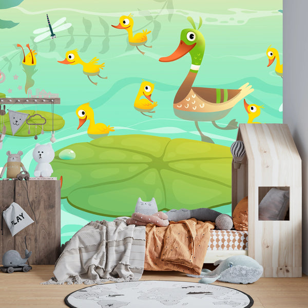 Duck Family Wallpaper, Lake Mural, Oversized Custom Size Wall Art, Non-Woven, Non-Adhesive, Modern Wall Paper, Removable