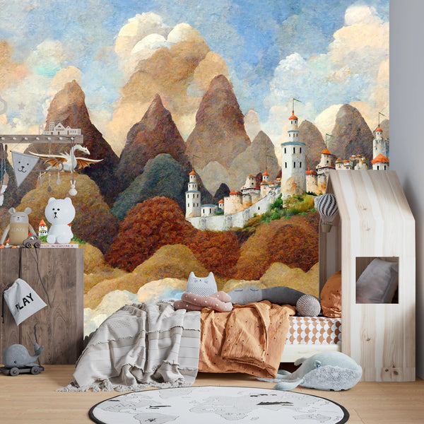 Castle and Dragon Wallpaper, Painted Style Mural, Oversized Custom Size Wall Art, Non-Woven, Non-Adhesive, Modern Wall Paper, Removable