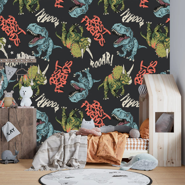 Cartoon Dinosaurs Wallpaper, Seamless Pattern Mural, Oversized Custom Size Wall Art, Non-Woven, Non-Adhesive, Modern Wall Paper, Removable