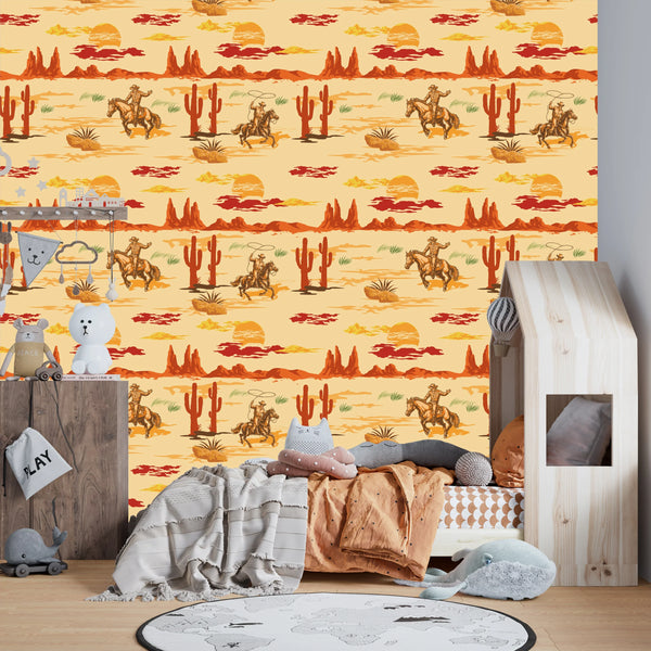 Wild West Wallpaper, Colorful Seamless Pattern Mural, Oversized Custom Size Wall Art, Non-Woven, Non-Adhesive, Modern Wall Paper, Removable