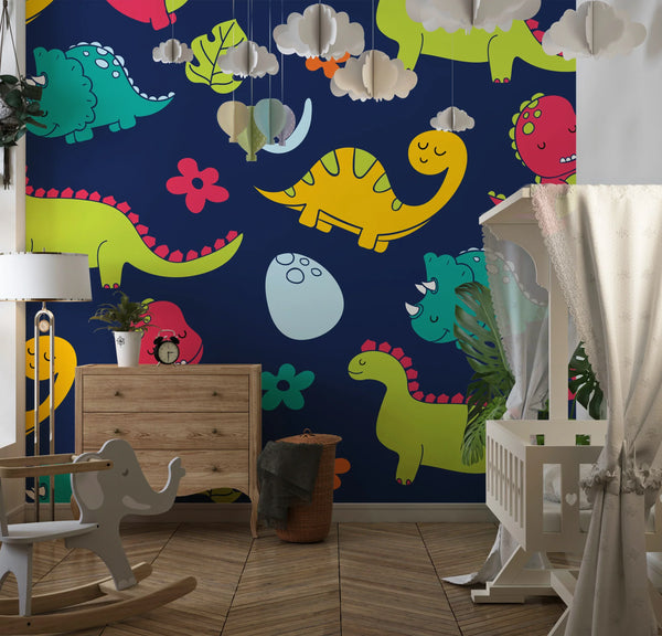 Cartoon Dinosaurs Wallpaper, Childish Seamless Pattern Mural, Oversized Custom Size Wall Art, Non-Woven, Non-Adhesive, Modern Wall Paper, Removable