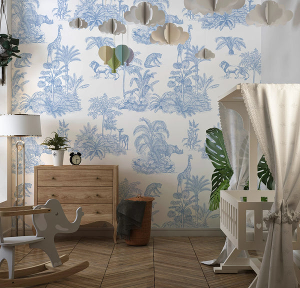 Blue Toile Jungle Wallpaper, African Animals Mural, Oversized Custom Size Wall Art, Non-Woven, Non-Adhesive, Modern Wall Paper, Removable