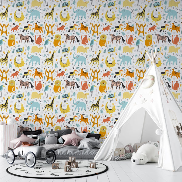 Wild African Animals Wallpaper, Seamless Pattern Mural, Oversized Custom Size Wall Art, Non-Woven, Non-Adhesive, Modern Wall Paper, Removable