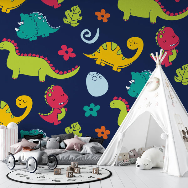 Cartoon Dinosaurs Wallpaper, Childish Seamless Pattern Mural, Oversized Custom Size Wall Art, Non-Woven, Non-Adhesive, Modern Wall Paper, Removable