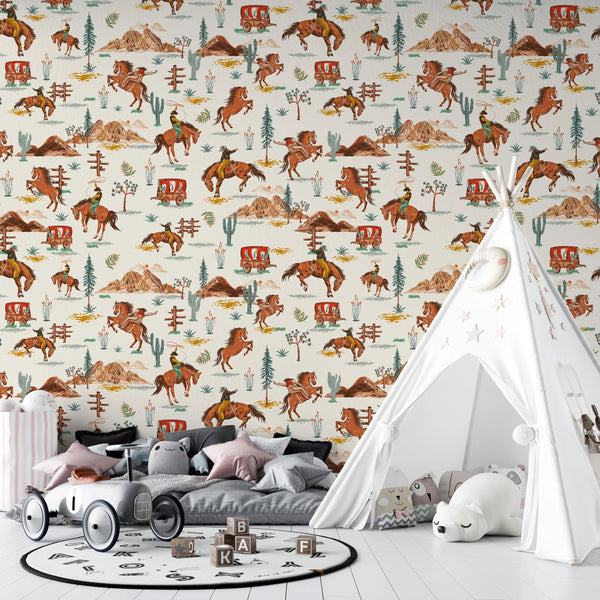 Western Cowboys Rodeo Wallpaper, Seamless Pattern Mural, Oversized Custom Size Wall Art, Non-Woven, Non-Adhesive, Modern Wall Paper, Removable