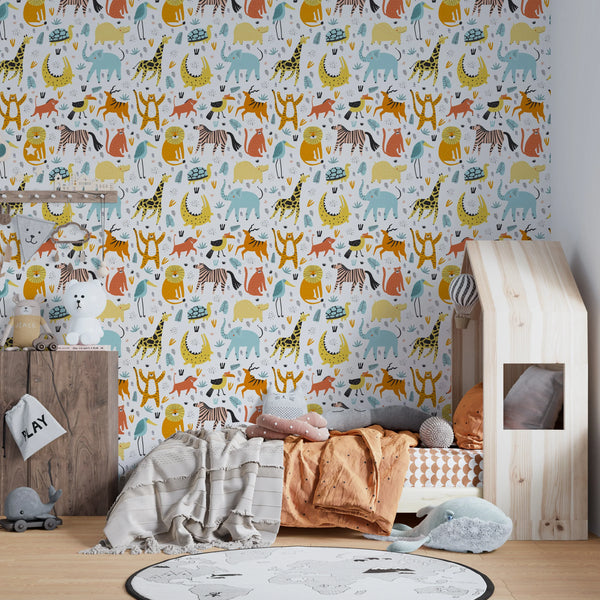 Wild African Animals Wallpaper, Seamless Pattern Mural, Oversized Custom Size Wall Art, Non-Woven, Non-Adhesive, Modern Wall Paper, Removable