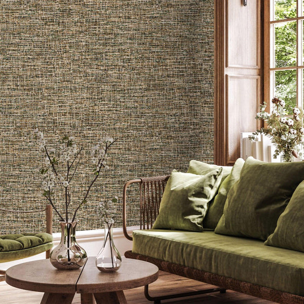 Brown Green Basket Weave Woven Textile Wallpaper, Beige, Blue Realistic 3D Textured Fabric Linen Multi-Color Wallcovering - Walloro High End Wallcoverings & More