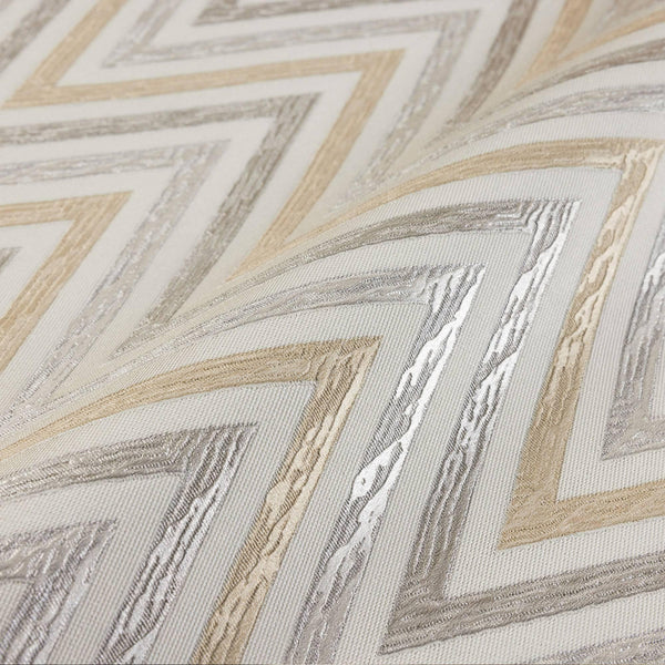 Chevron Wallpaper, Off White, Silver Geometric Deep Embossed Zigzag Pattern Geometric Wallcovering - Walloro High End Wallcoverings & More
