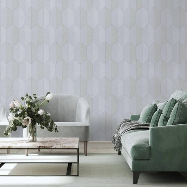 Contemporary 3D Embossed Geometric Wallpaper, Light Gray Modern Chevron Herringbone Shapes Wallcovering, Sturdy, Large 177 sq ft Roll - Walloro High End Wallcoverings & More