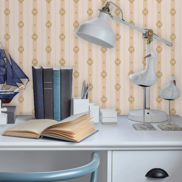 Cream Ornate Striped Wallpaper, Deep Embossed Regal Vintage Damask Wallcovering - Walloro High End Wallcoverings & More