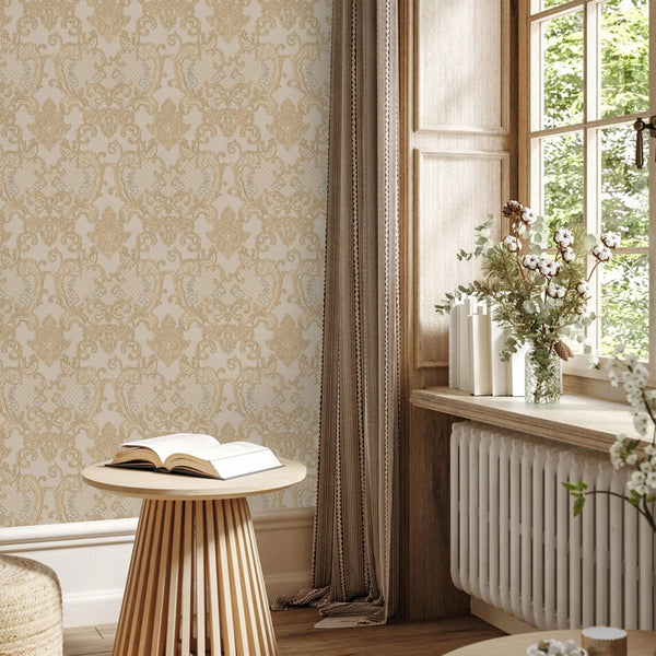 Damask Flocked Velvet Feel Wallpaper, Beige Deep 3D Embossed Quilted Texture Luxury Wallcovering, Non-Woven - Walloro High End Wallcoverings & More