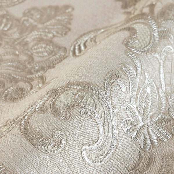Damask Flocked Velvet Feel Wallpaper, Cream Deep 3D Embossed Quilted Texture Luxury Wallcovering, Non-Woven - Walloro High End Wallcoverings & More