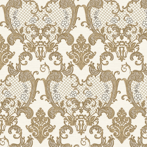 Damask Flocked Velvet Feel Wallpaper, White Gold Deep 3D Embossed Quilted Texture Luxury Wallcovering, Non-Woven - Walloro High End Wallcoverings & More