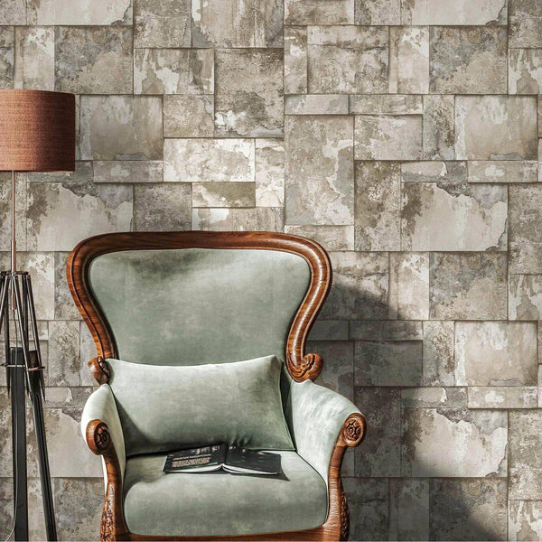 Decorative Rusted Beige, Gray Stone Metallic Wallpaper, Realistic 3D Embossed Wall Decor, Industrial Aesthetic Wallcovering - Walloro High End Wallcoverings & More