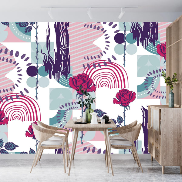 Rose and Abstract Figures Wallpaper, Seamless Pattern Mural, Oversized Custom Size Wall Art, Non-Woven, Non-Adhesive, Modern Wall Paper, Removable