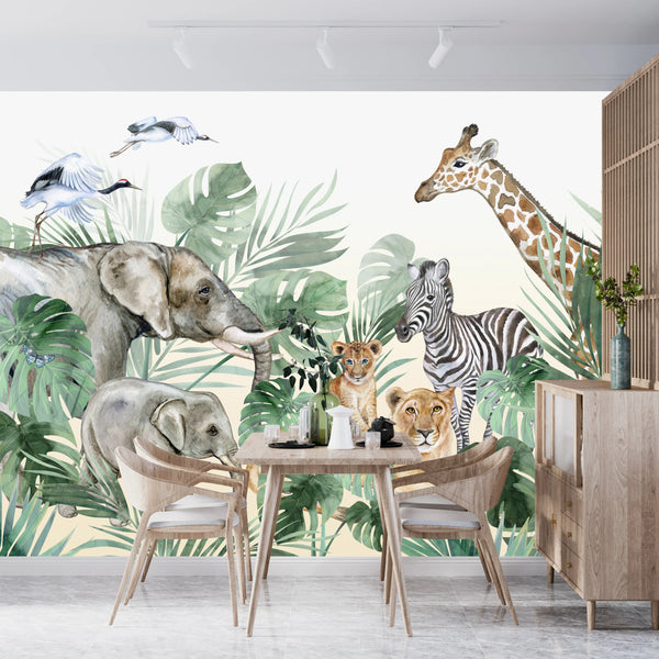 Watercolor Safari Wallpaper, Animals Mural, Oversized Custom Size Wall Art, Non-Woven, Non-Adhesive, Modern Wall Paper, Removable