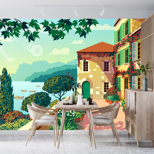Village Square Wallpaper, Traditional House Mural, Oversized Custom Size Wall Art, Non-Woven, Non-Adhesive, Modern Wall Paper, Removable