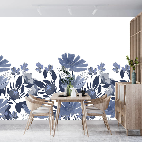 Dark Blue Floral Wallpaper, Seamless Pattern Mural, Oversized Custom Size Wall Art, Non-Woven, Non-Adhesive, Modern Wall Paper, Removable