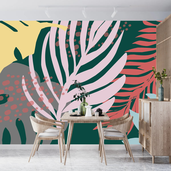 Tropical Leaves Wallpaper, Seamless Pattern Mural, Oversized Custom Size Wall Art, Non-Woven, Non-Adhesive, Modern Wall Paper, Removable
