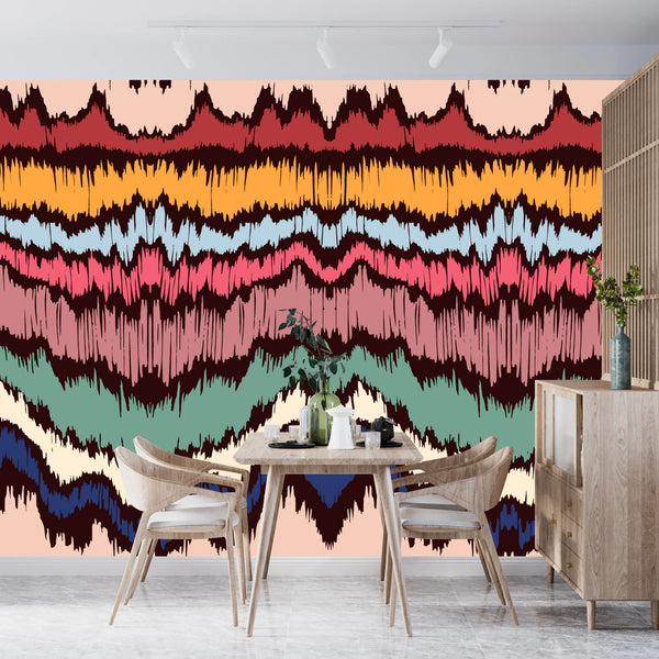 Colorful Wave Ikat Wallpaper, Seamless Pattern Mural, Oversized Custom Size Wall Art, Non-Woven, Non-Adhesive, Modern Wall Paper, Removable