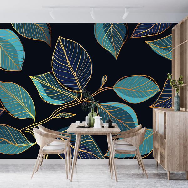 Gold Leaves Wallpaper, Black Background Mural, Oversized Custom Size Wall Art, Non-Woven, Non-Adhesive, Modern Wall Paper, Removable