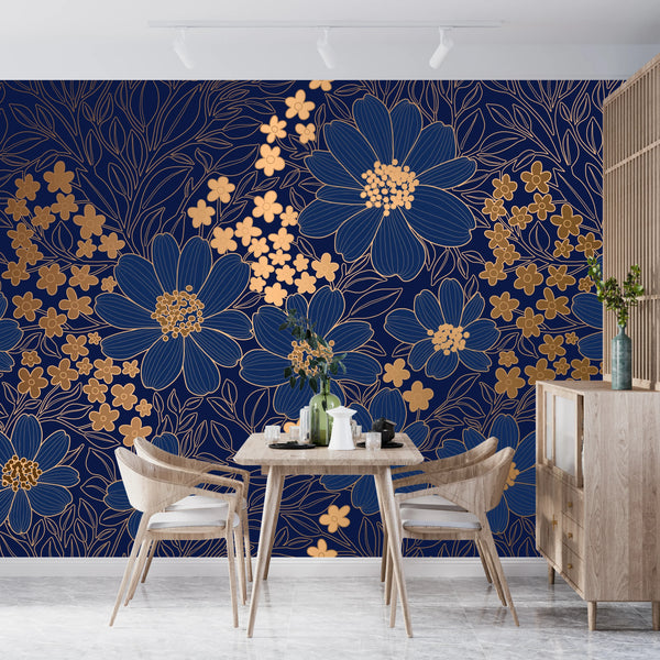 Blue and Gold Floral Wallpaper, Seamless Pattern Mural, Oversized Custom Size Wall Art, Non-Woven, Non-Adhesive, Modern Wall Paper, Removable