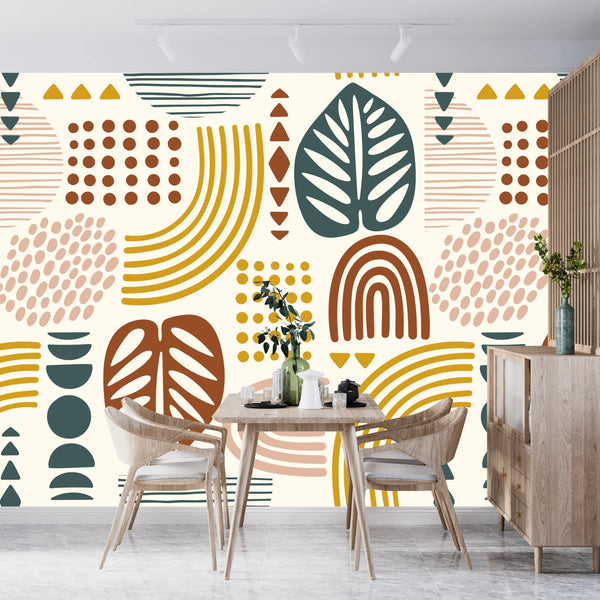 Abstract Leaves and Geometric Shapes Wallpaper, Seamless Pattern Mural, Oversized Custom Size Wall Art, Non-Woven, Non-Adhesive, Modern Wall Paper, Removable