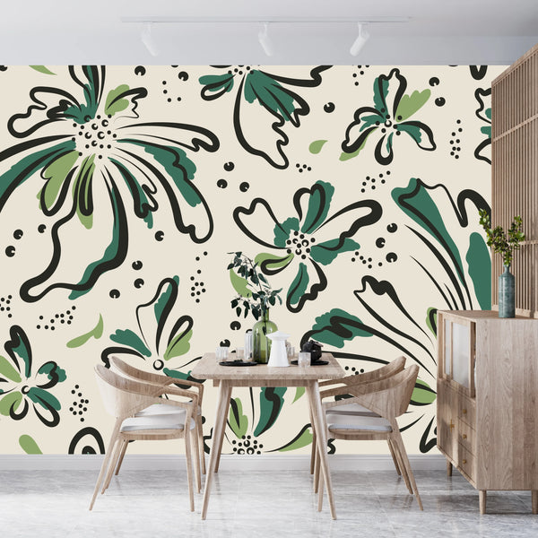 Floral Wallpaper, Black and Green Mural, Oversized Custom Size Wall Art, Non-Woven, Non-Adhesive, Modern Wall Paper, Removable