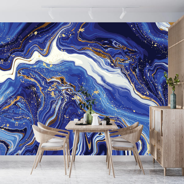 Blue Marble Wallpaper, Gold Abstract Mural, Oversized Custom Size Wall Art, Non-Woven, Non-Adhesive, Modern Wall Paper, Removable