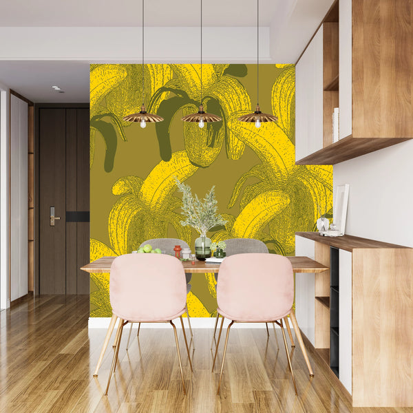 Bananas Wallpaper, Seamless Pattern Mural, Oversized Custom Size Wall Art, Non-Woven, Non-Adhesive, Modern Wall Paper, Removable