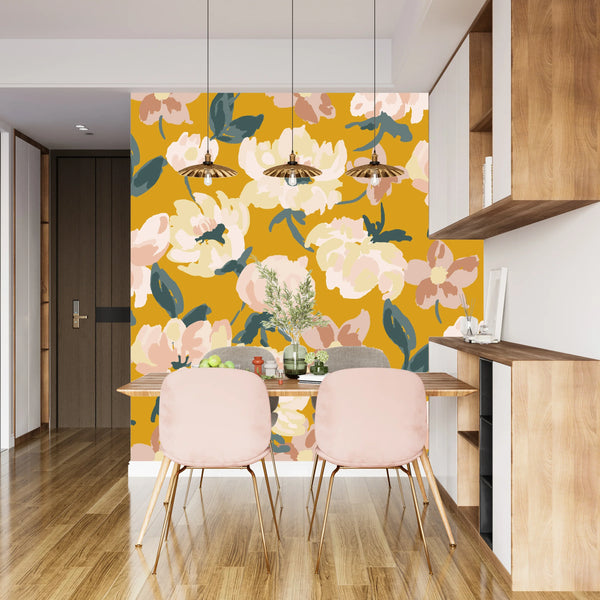 Abstract Floral, Yellow Background Wallpaper, Seamless Pattern Mural, Oversized Custom Size Wall Art, Non-Woven, Non-Adhesive, Modern Wall Paper, Removable