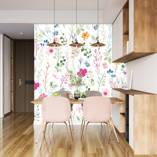 Watercolor Floral Wallpaper, Seamless Pattern Mural, Oversized Custom Size Wall Art, Non-Woven, Non-Adhesive, Modern Wall Paper, Removable