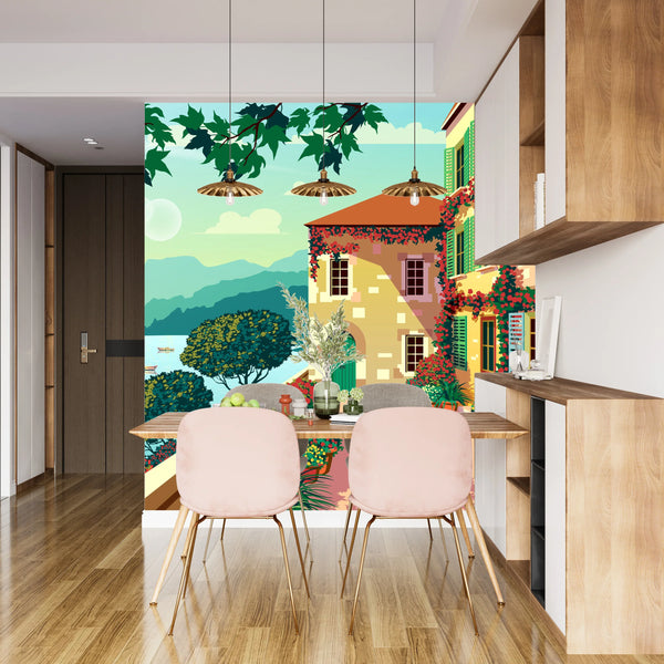 Village Square Wallpaper, Traditional House Mural, Oversized Custom Size Wall Art, Non-Woven, Non-Adhesive, Modern Wall Paper, Removable