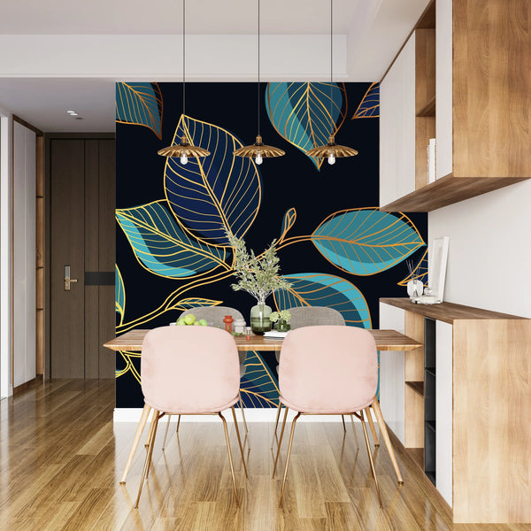 Gold Leaves Wallpaper, Black Background Mural, Oversized Custom Size Wall Art, Non-Woven, Non-Adhesive, Modern Wall Paper, Removable