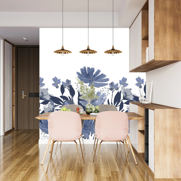 Dark Blue Floral Wallpaper, Seamless Pattern Mural, Oversized Custom Size Wall Art, Non-Woven, Non-Adhesive, Modern Wall Paper, Removable