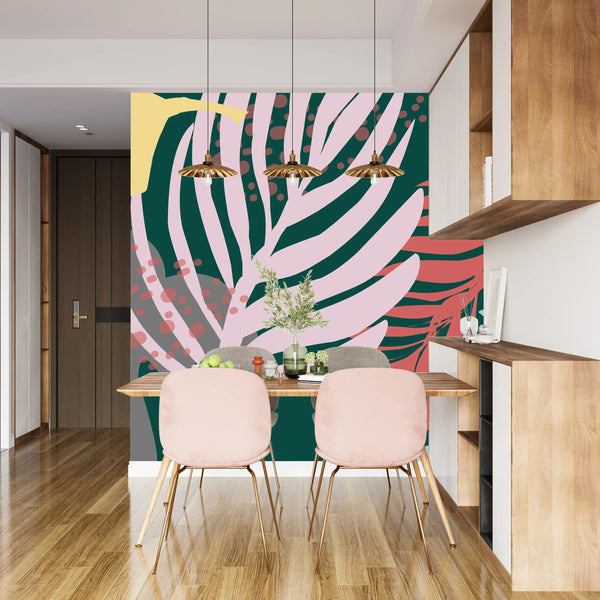 Tropical Leaves Wallpaper, Seamless Pattern Mural, Oversized Custom Size Wall Art, Non-Woven, Non-Adhesive, Modern Wall Paper, Removable