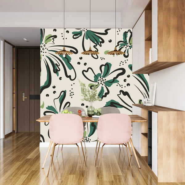Floral Wallpaper, Black and Green Mural, Oversized Custom Size Wall Art, Non-Woven, Non-Adhesive, Modern Wall Paper, Removable