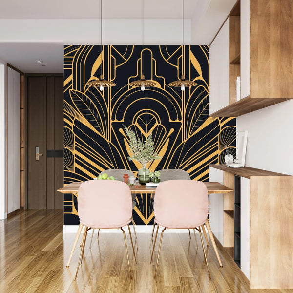 Art Deco Wallpaper, Geometric Gold Mural, Oversized Custom Size Wall Art, Non-Woven, Non-Adhesive, Modern Wall Paper, Removable