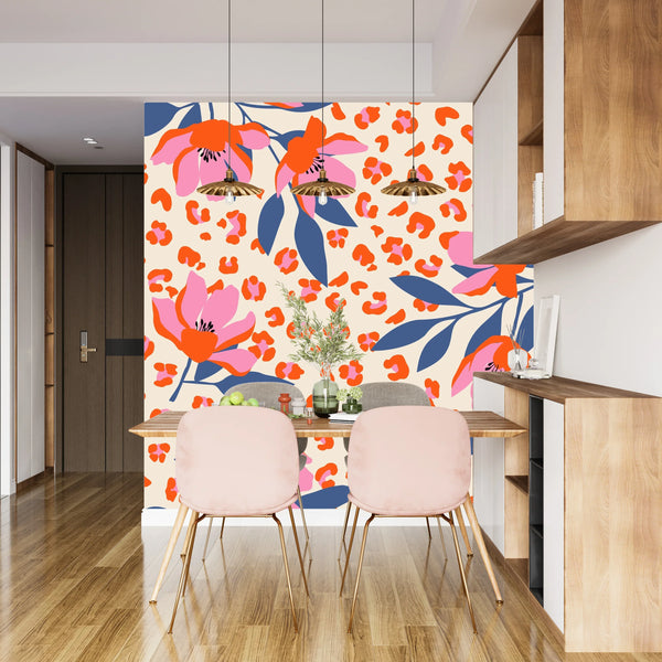 Exotic Flowers, Leopard Background Wallpaper, Seamless Pattern Mural, Oversized Custom Size Wall Art, Non-Woven, Non-Adhesive, Modern Wall Paper, Removable