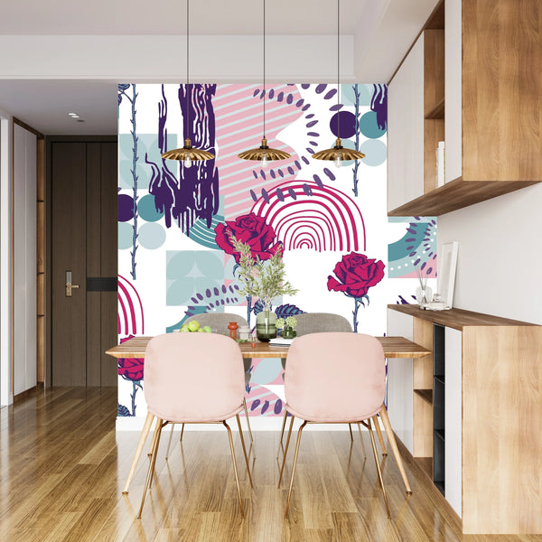 Rose and Abstract Figures Wallpaper, Seamless Pattern Mural, Oversized Custom Size Wall Art, Non-Woven, Non-Adhesive, Modern Wall Paper, Removable
