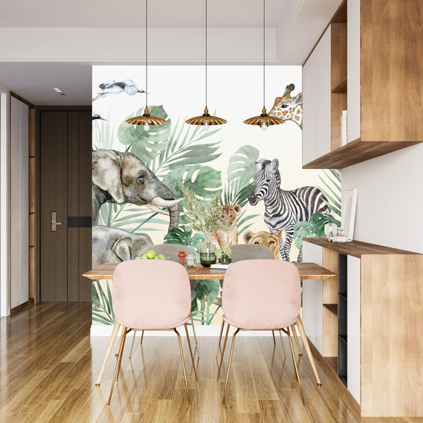 Watercolor Safari Wallpaper, Animals Mural, Oversized Custom Size Wall Art, Non-Woven, Non-Adhesive, Modern Wall Paper, Removable