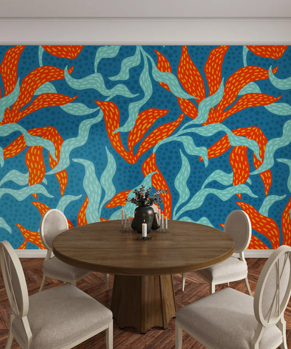 Abstract Artistic Leaves Wallpaper, Seamless Pattern Mural, Oversized Custom Size Wall Art, Non-Woven, Non-Adhesive, Modern Wall Paper, Removable