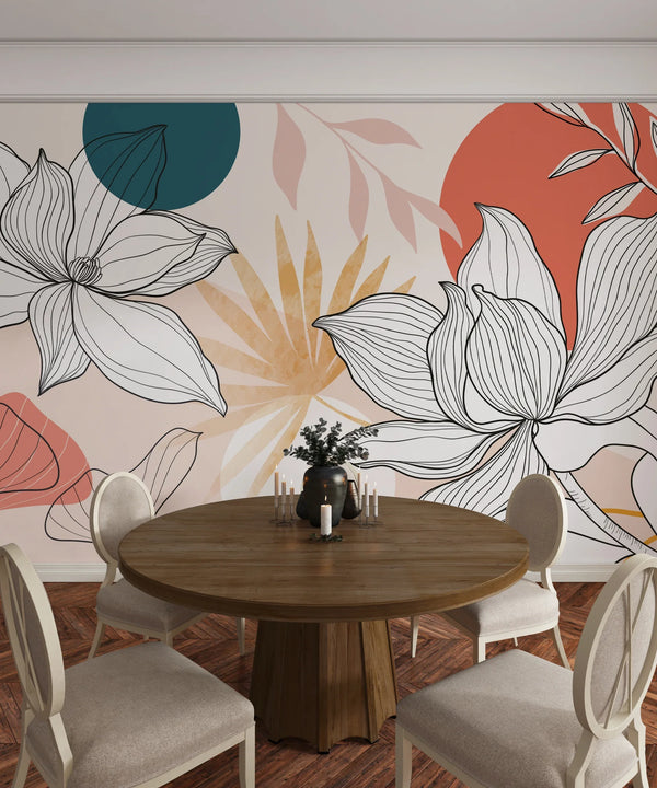 Floral and Botanical Wallpaper, Line Art Mural, Oversized Custom Size Wall Art, Non-Woven, Non-Adhesive, Modern Wall Paper, Removable
