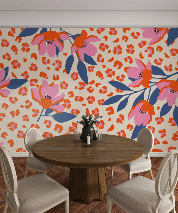 Exotic Flowers, Leopard Background Wallpaper, Seamless Pattern Mural, Oversized Custom Size Wall Art, Non-Woven, Non-Adhesive, Modern Wall Paper, Removable