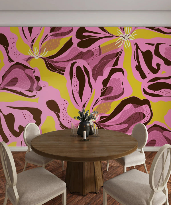Abstract Pink Flowers Wallpaper, Seamless Pattern Mural, Oversized Custom Size Wall Art, Non-Woven, Non-Adhesive, Modern Wall Paper, Removable