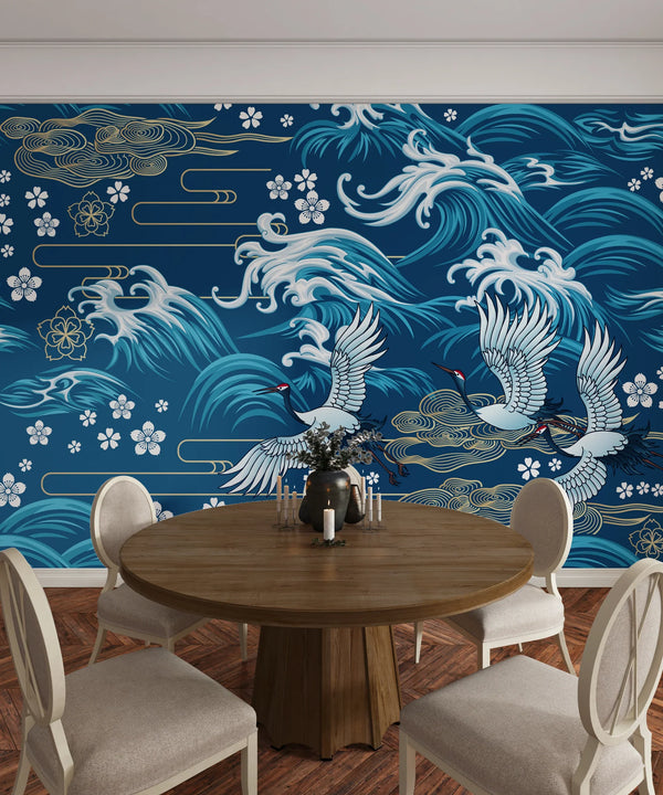 Oriental Sea Wallpaper, Seamless Pattern Mural, Oversized Custom Size Wall Art, Non-Woven, Non-Adhesive, Modern Wall Paper, Removable