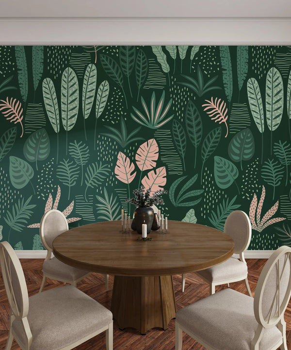 Hand Drawn Tropical Leaves Wallpaper, Seamless Pattern Mural, Oversized Custom Size Wall Art, Non-Woven, Non-Adhesive, Modern Wall Paper, Removable