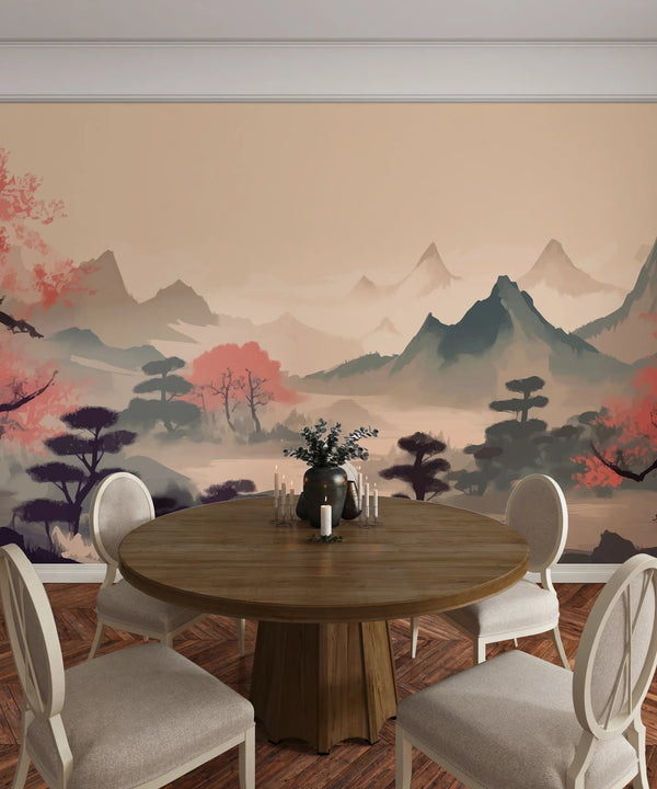 Sakura Trees Wallpaper, Traditional Ink Landscape Mural, Oversized Custom Size Wall Art, Non-Woven, Non-Adhesive, Modern Wall Paper, Removable